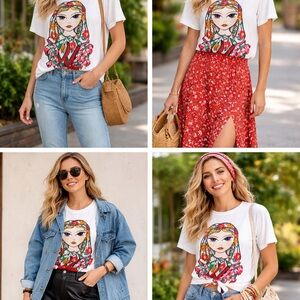 Zara White Tee with Colorful Graphic size Small